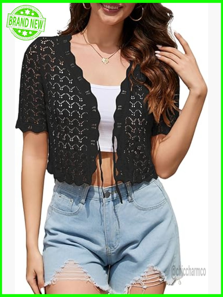 Crochet Shrug Sweater Tie Front Knit Bolero Short Sleeve Cardigan